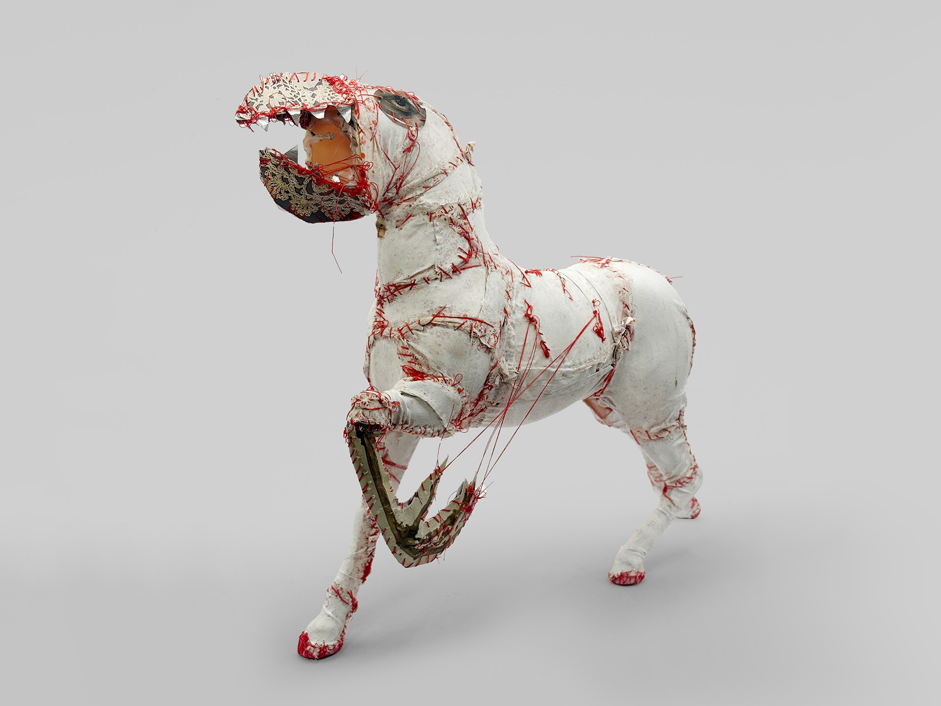 <p>Daughter-Horse I from ‘Baba Yaga’s herd of mares’ 2023-2025, found toy horse, collage, fabric, thread and acrylic. Courtesy the artist.</p>